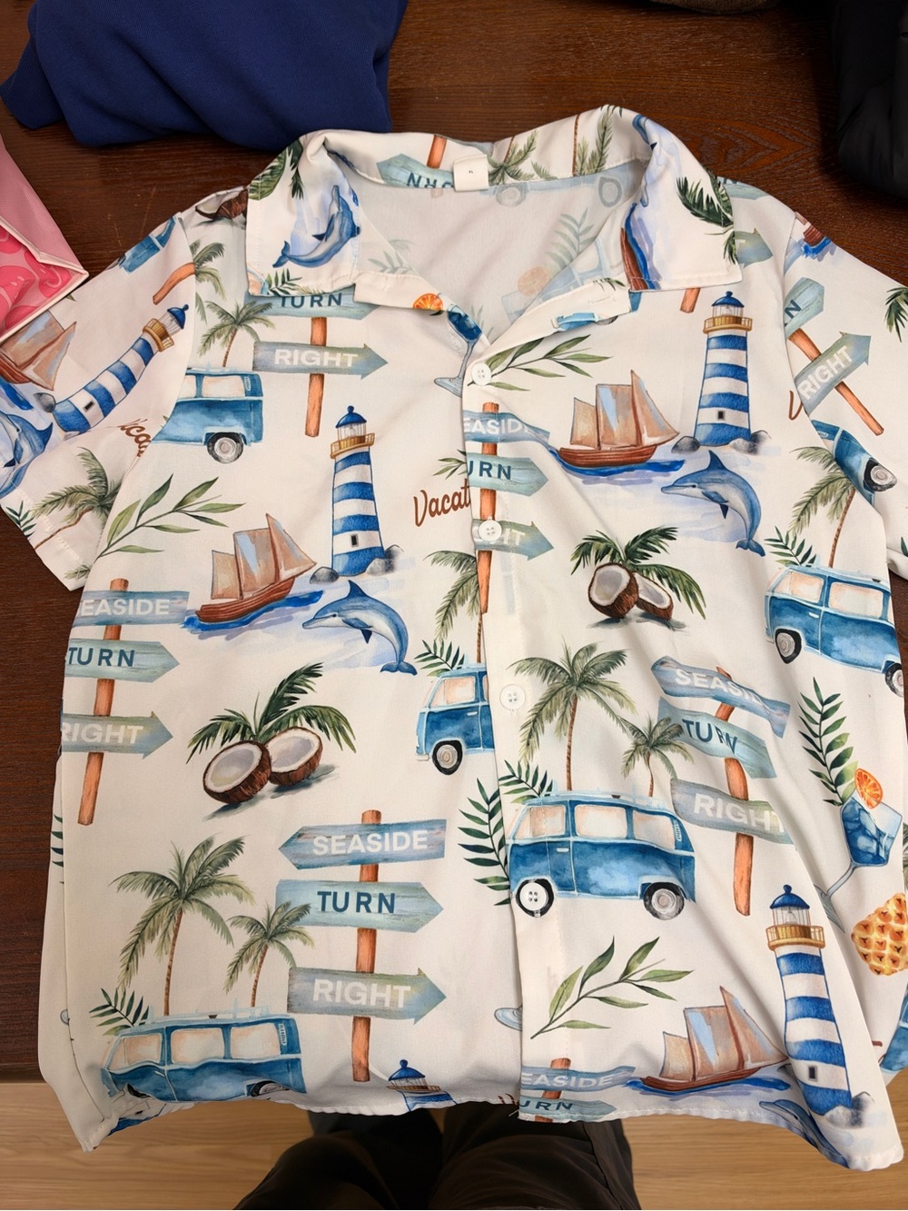 SHEIN White & Blue Nautical Print Short Sleeve Button Shirt